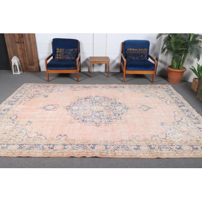 Vintage Turkish Oushak Wool Rug in Neutral Tones with Touches of Orange for Living Room