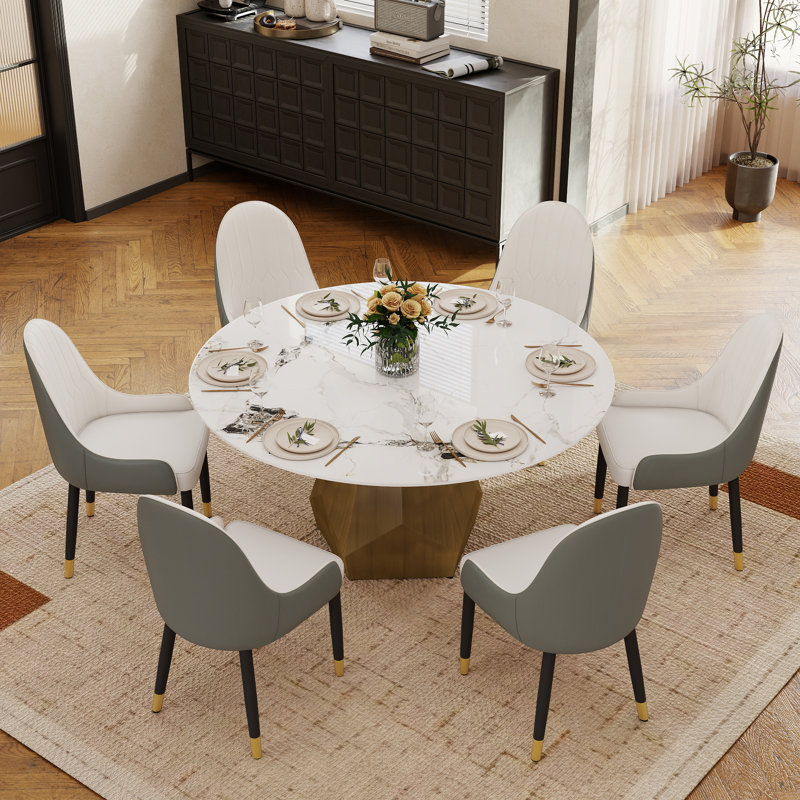 Ensemble de salle à manger moderne 7 pièces en pierre frittée avec base piédestal, H 29,53 po x L 59,05 po x l 59,05 po