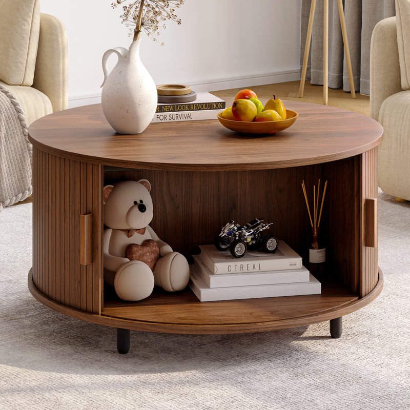 31.5" Modern Round Coffee Table With 360° Curved Sliding Door., Walnut