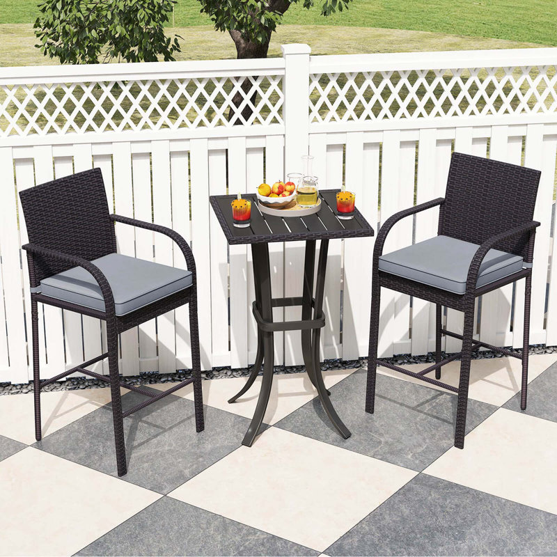 3 PCS Patio Wicker Bar Set Rattan Chairs & Square Table with Heavy-Duty Metal Frame