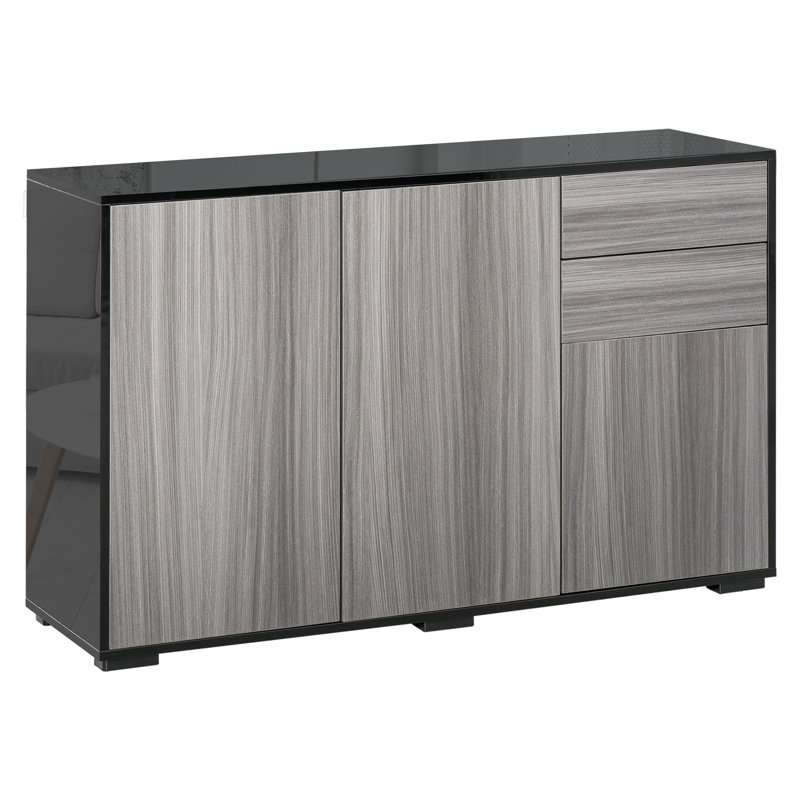 Abdul-Qaadir High Gloss Sideboard Push-Open Design with 2 Drawer, Grey/Black
