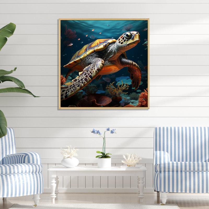 Art cosmique avec une tortue sur un cosmique sur toile, H 36 po x l 36 po x P 1,5 po, Cadre naturel flottant
