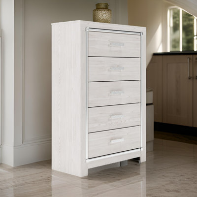 Commode haute 51 po, 5 tiroirs, bois avec finition nacrée, blanc