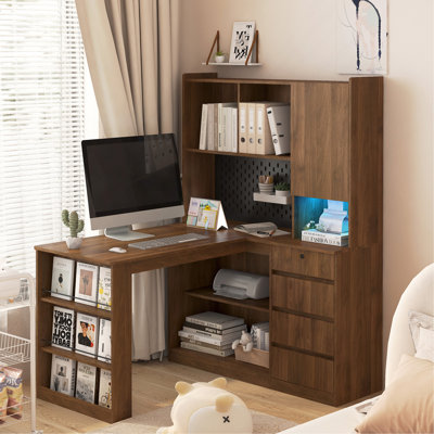 L Shaped Desk With Charger,Computer Desk With Drawers,Bookshelf, With LED Light,Modern Corner Desk,Home Office Desk,L-Shaped Study Table Writing Desk,