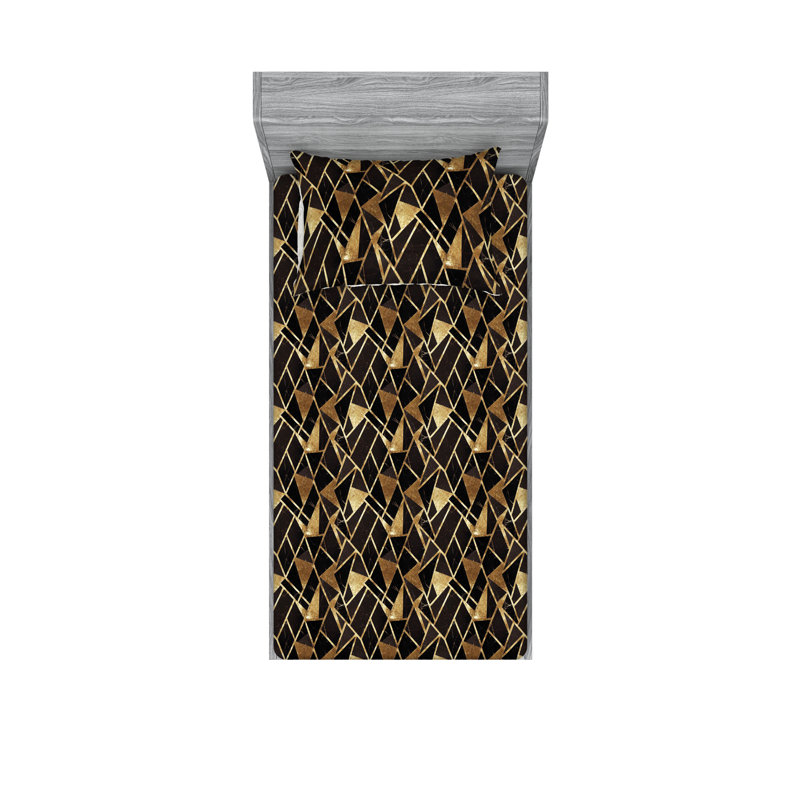 Ambesonne Fitted Sheet & Shams, Twin XL Sheet Set with 1 Pillowcase, Dark Chestnut/Brown/Amber Geometric