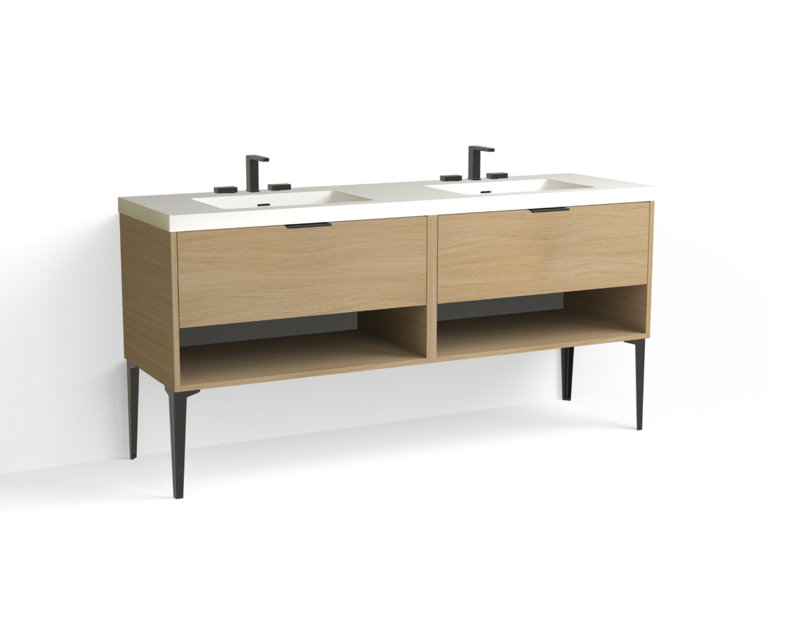 Modo 72" W Freestanding Double Bathroom Vanity with Dean Leg, Matte White/8" Widespread, Nocino, Matte Black