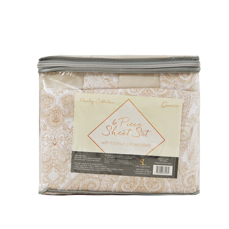 Percale Paisley Sheet Set, Queen Sheet Set + 1 Fitted Sheet + 2 Pillowcases, Taupe