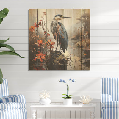 Grey And Blue Heron At The Pond I - Heron Animal On Wood Print