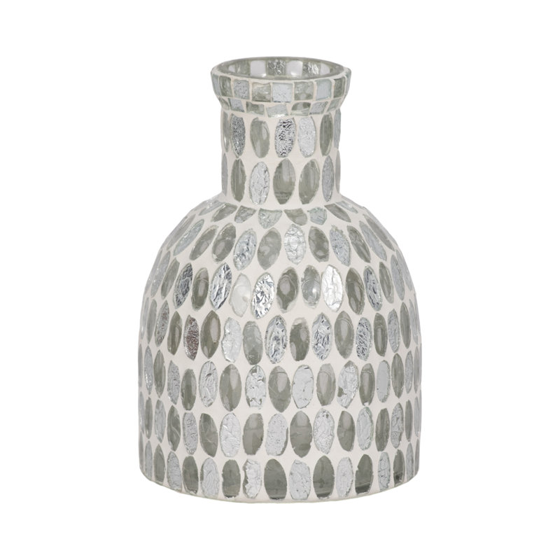 Glass Round Mosaic Vase, 6" H x 4" W x 4" D, Mosaic White