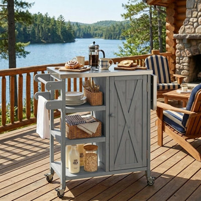 Farmhouse Outdoor Kitchen Island Cart with Fold-Down Stainless Steel Extension Top, Open Shelves, Locking Wheels and Storage Cabinet for Patio, Poolside and Backyard