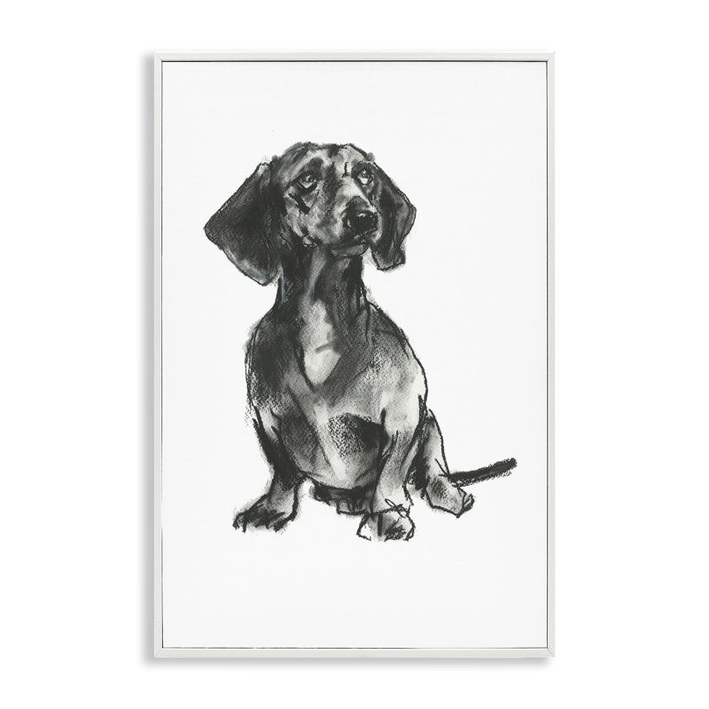 White Framed Dachshund Sitting Drawing Canvas Art, 12 x 18