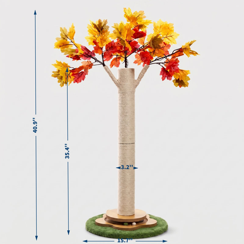 Arbre à chat décoratif de 104 cm (40,9 pouces) avec motif de feuilles d'érable d'automne, recouvert de sisal naturel et orné de feuillage automnal. Il est doté d'un jouet interactif pour l'entretien et le jeu des griffes des chats d'intérieur.
