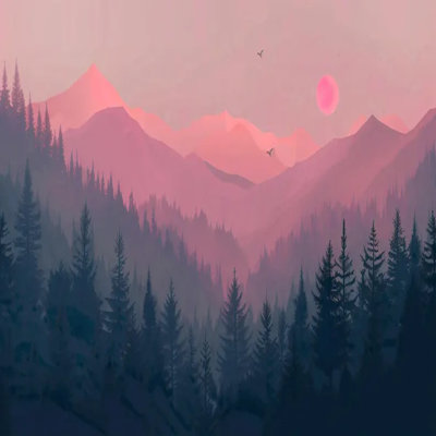 Coucher de soleil rose sur les montagnes boisées