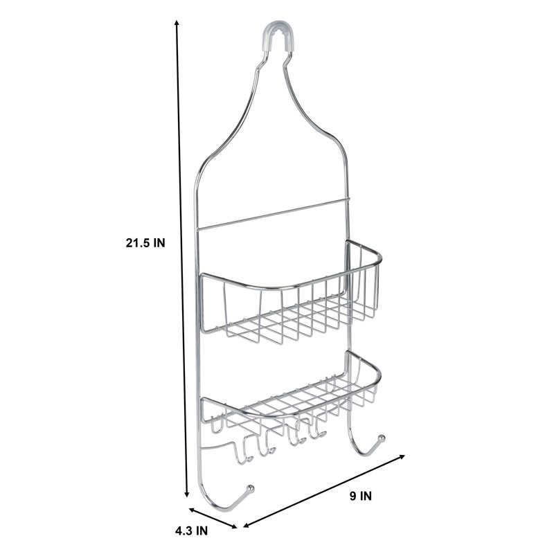 Chrome Metal 2-Shelf Hanging Shower Caddy with Hooks