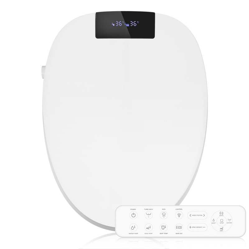 Siège de bidet de toilette électrique avec buse en acier inoxydable, siège de toilette chauffé à télécommande avec séchoir à air chaud et à eau réglable, poignée latérale, fermeture en douceur, veilleuse, affichage à DEL