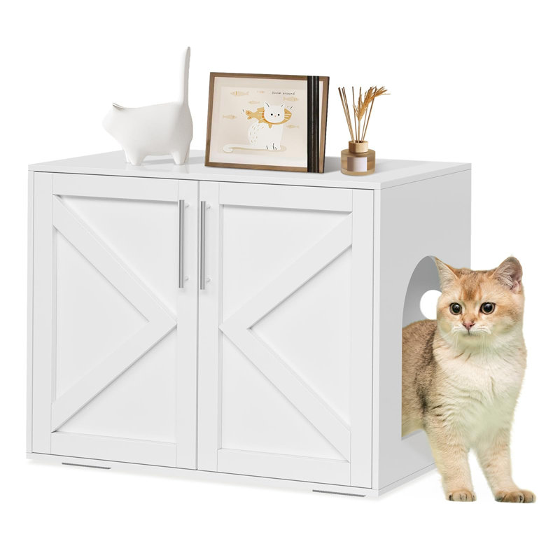 Enceinte de litière pour chat, mobilier en bois caché avec 2 portes, patins et table d'appoint latérale