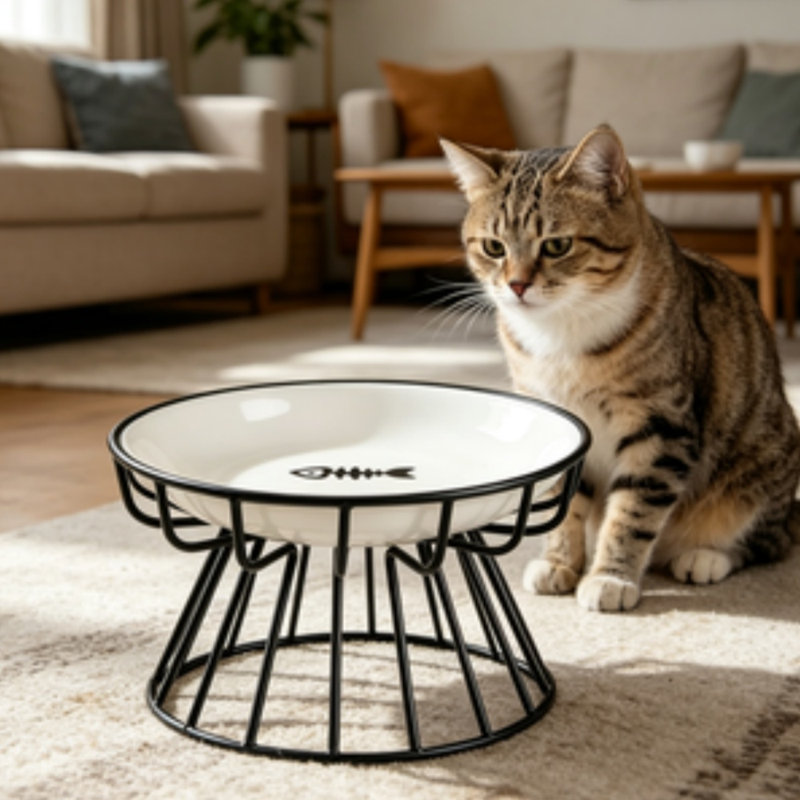 Bol pour chat surélevé en céramique avec support en métal, plat pour animaux pour chat