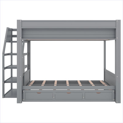 Wood Full Size Convertible Bunk Bed With Storage Staircase, Bedside Table, And 3 Drawers
