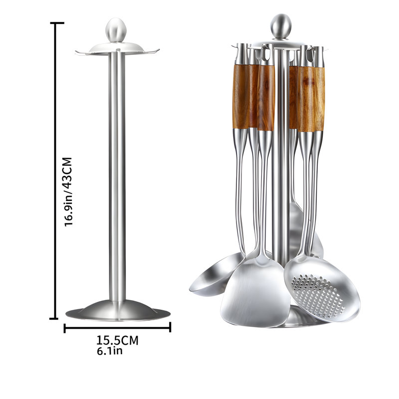 Ensemble d'ustensiles de cuisine en acier inoxydable avec poignée en bois de rose pour cuisiner, remuer et servir