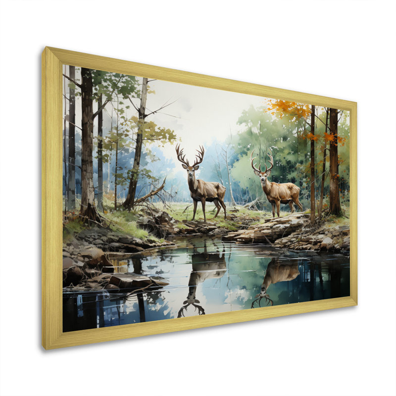 «Deer Majestic Reflections - Deer», reproduction d'art sur toile encadrée, Cadre doré simple, H 30 po x l 40 po x P 1,5 po