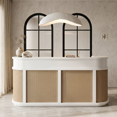 70.8"W Reception Desk, Vintage Curved Rattan Retail Counter with Lockable Storage & Cable Hole, Checkout Counter for Salon Spa Hotel Office Boutique Dental Hospital