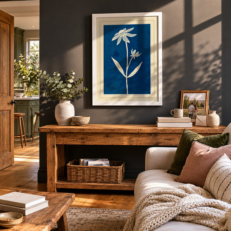 Twin Blooms In Blue Botanical - Print, A2 - 59.4 x 42.0 cm, White