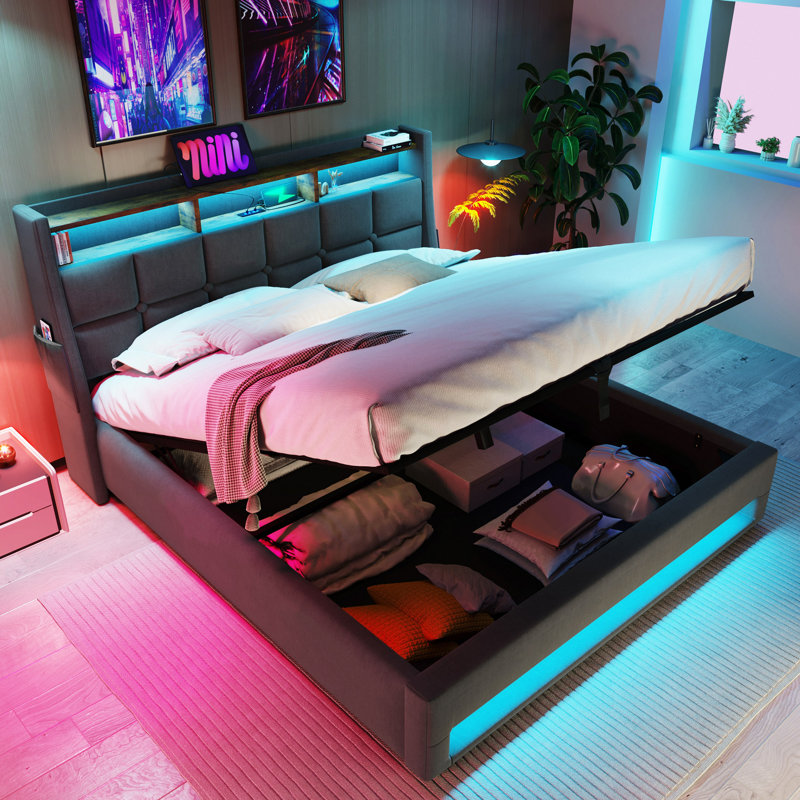 Lit plateforme tapissier avec système de rangement hydraulique, chargement DEL et USB (sans matelas), Gris, Grand lit