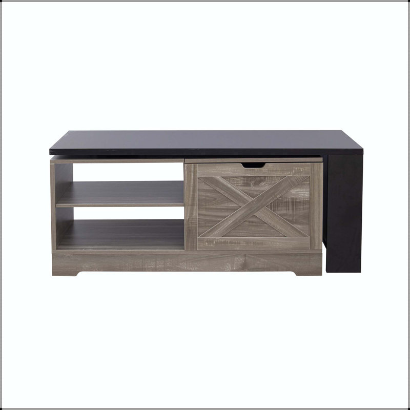 Table basse à plateau relevable Farmhouse avec portes de grange, prise de courant et roulettes, Brown+Black
