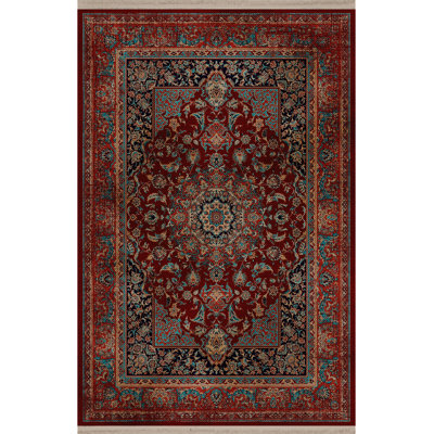 Burgundy-Themed Multi-Colored Traditional Motif Ethnic Patterned Vintage Decorative Rug