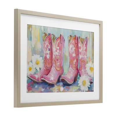 Pink Cowgirl Boots Pairs Framed Print Under Glass, design by Tina LeCour