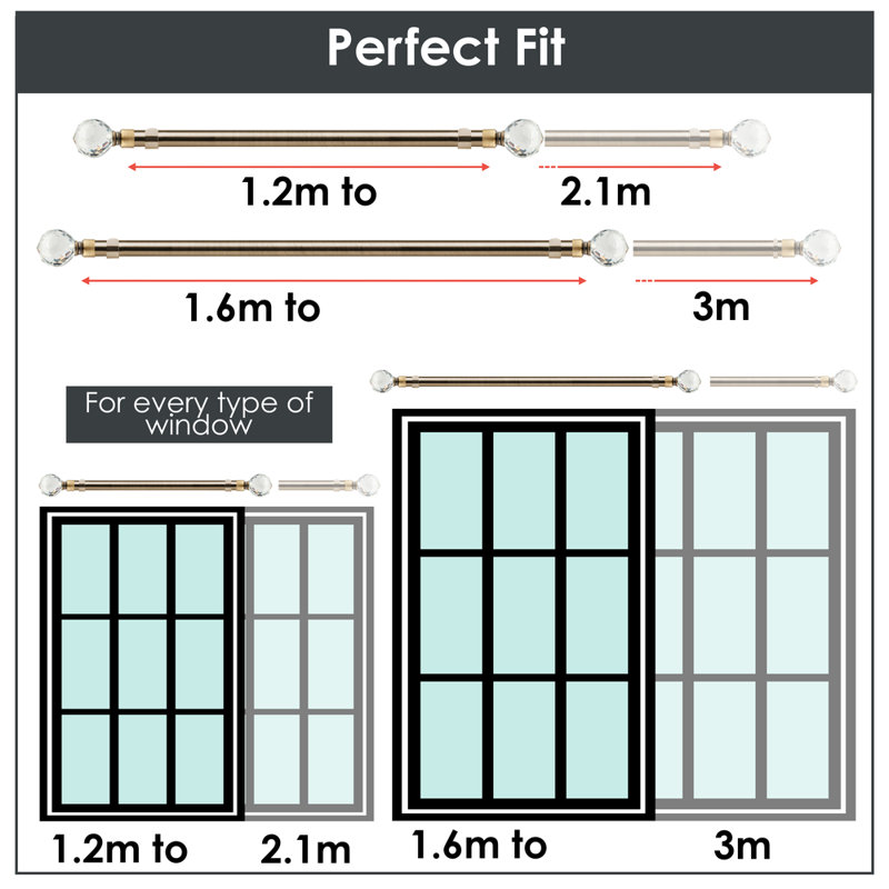 Crystal Adjustable 2cm Single Curtain Pole, 1.2 - 2.1m, Antique Brass