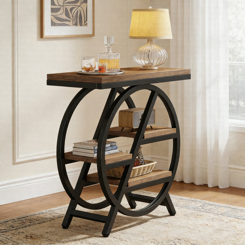 Table de bout à 4 niveaux, petite table d'appoint industrielle avec tablettes de rangement décalées, Brun pâle