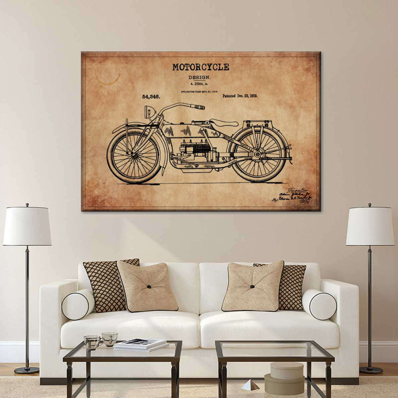 Brevet de moto rétro sur toile, H 12 po x l 8 po x P 1 po