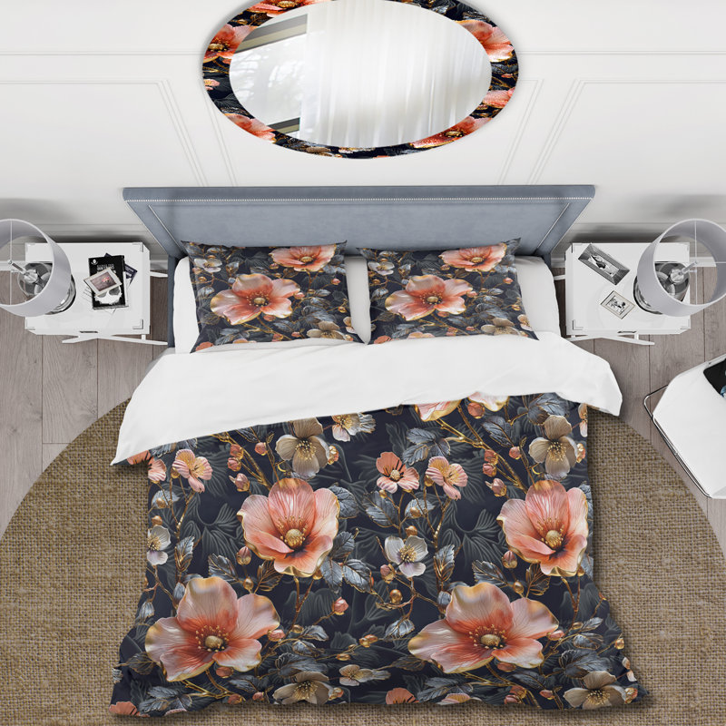 Ensemble de housse de couette rose et noir Boho Floral Meadows II - Boho, Housse de couette pour grand lit + 2 taies décora