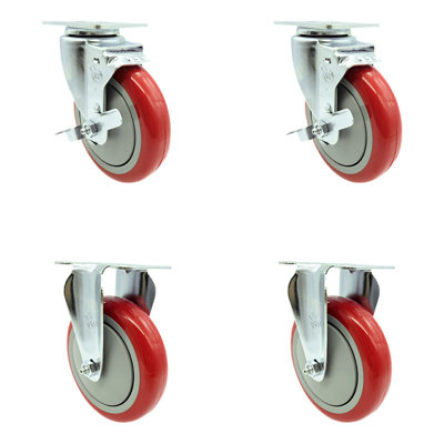 4 Piece Polyurethane Swivel Top Plate Caster Set with 2 Brakes 2 Rigid