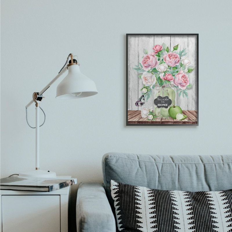 «No Place Like Home Text Pink Roses Fruit Jar» par Sheri Hart - impression d'art graphique, Giclée encadrée noir minuit