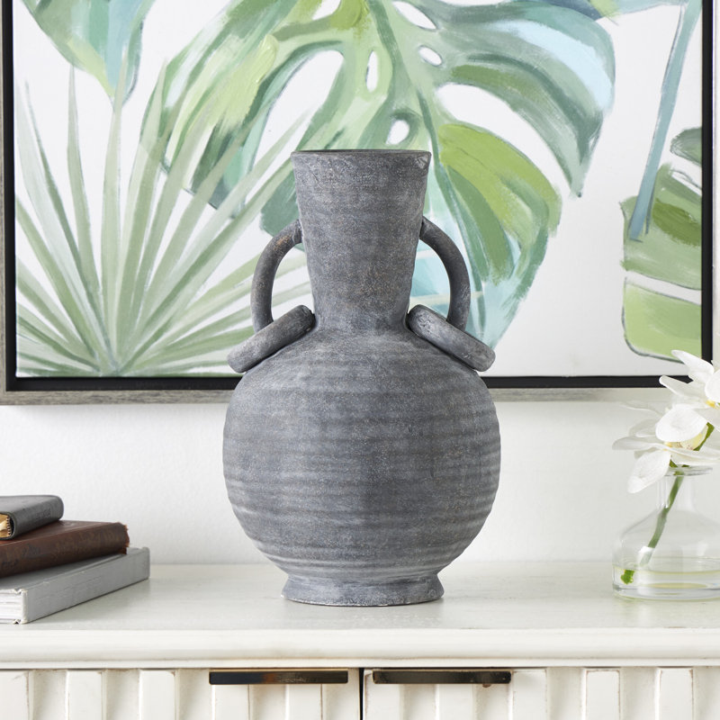 Ceramic Textured Decorative Vase with Ring Handles, Gray