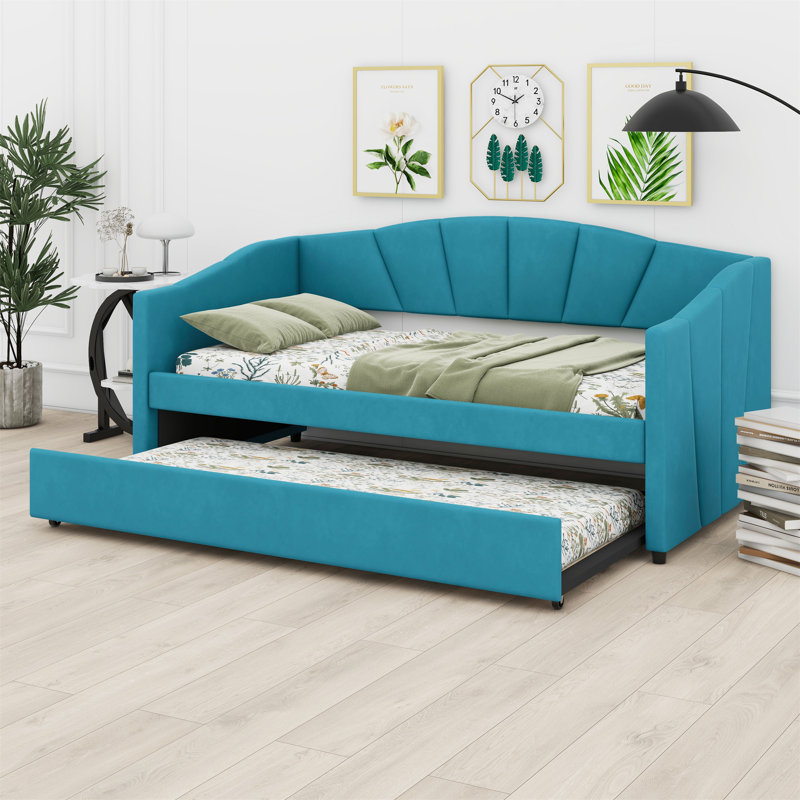 Upholstered Daybed Bed With Trundle Bed, Blue