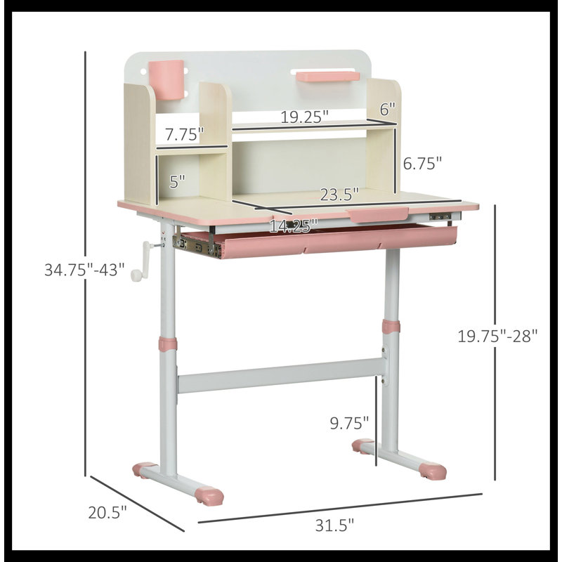 Bureau d'écriture rectangulaire réglable en hauteur avec huche de 31,5 po Anitha, Rose