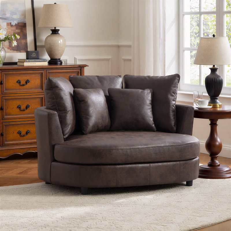 55" W Upholstered Accent Barrel Chair, Brown Faux Leather