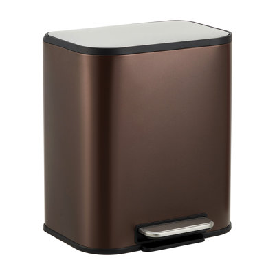 Modern Rectangular Stainless Steel Kitchen Trash Can with Soft-Close Lid, Foot Pedal & Removable Inner Bucket, Durable Step-On Design, 5.3 Gallon (20L) Brown