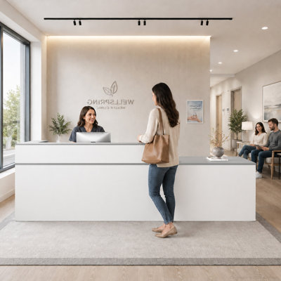 Sleek Ergonomic Reception Desk With Ample Storage And Quiet Glide System