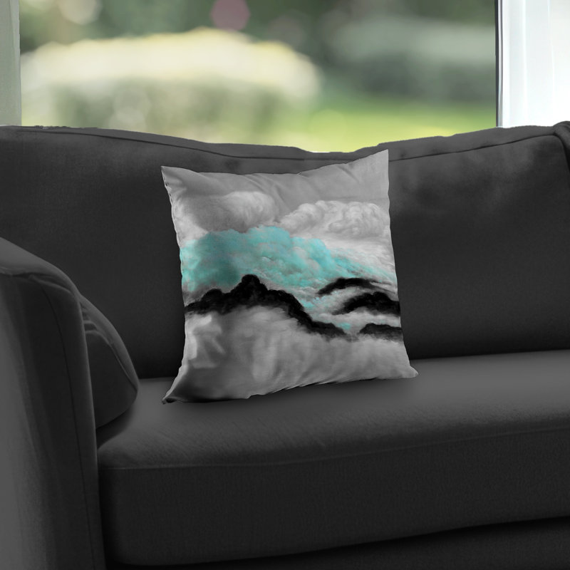 Grey and Blue Clouds Mountains Black Poly Twill Throw Pillow – Poly Twill Throw Pillow with Insert, Double-Sided Print
