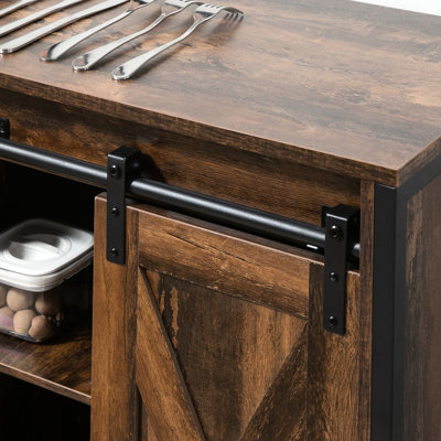 Industrial Sideboard. Rustic Brown Finish. Cabinet With Sliding Barn Doors And Adjustable Shelves For Storage. Living Room, Home Bar. 35.5" W X 13.5" D 30" H Sideboard Buffet . Brown. Storage Door.