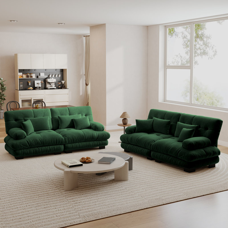 Ensemble de salon modulaire en chenille 2 pièces avec sièges profonds et coussins, vert, Vert émeraude