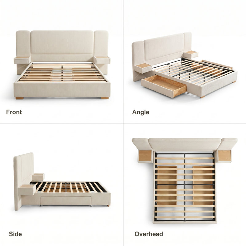 Chenille Upholstered Platform Bed with Built-In Nightstands and 2 Storage Drawers, Cream, Queen