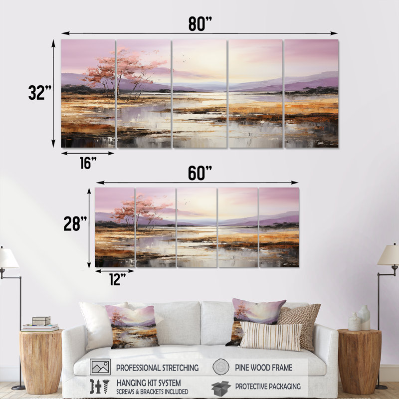 «Purple Lake and Mountain I - Lake», ensemble de 5 décorations murales, H 28 po x l 60 po