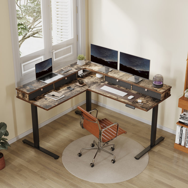 L Shaped Standing Desk With Drawers, Shelf, Adjustable Gaming Table For Home, Office, Gamer, Rustic Brown/Black