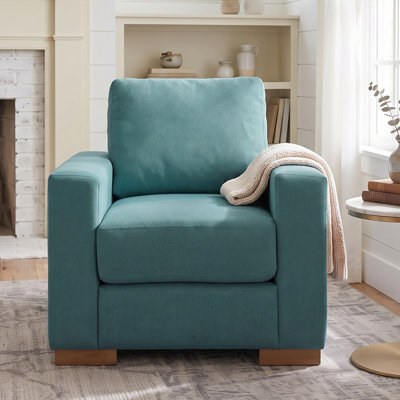 Fauteuil d'appoint carré rembourré avec accoudoirs et base en bois d'hévéa pour salon, chambre à coucher, bureau et coin lecture