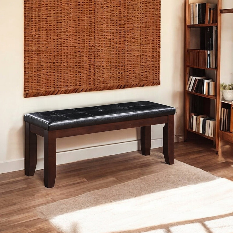 Banc de salle à manger de 48 po de largeur, fini cerisier, transitionnel, siège rembourré en cuir synthétique noir, banc de finition transitionnel détaillé avec coussin de siège en polyuréthane et fonctionnalité